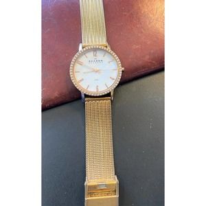 Women's 33mm Rose Gold Tone Skagen Watch, MOP Face, Crystal Accents